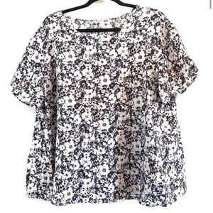 Linen Grey and White Floral Patterned Blouse Large